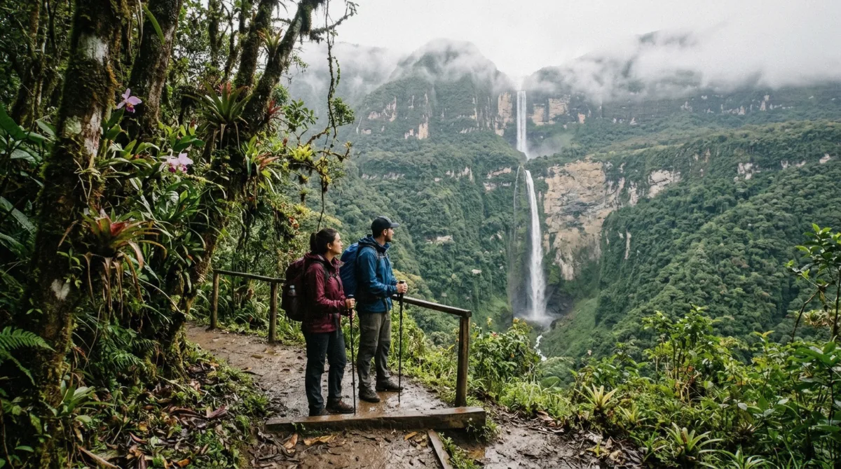Viewpoint on the Gocta trail where both tiers of the 771-metre waterfall line up, Amazonas, Peru